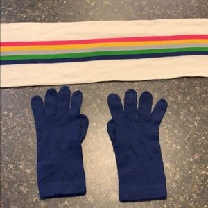 Rainbow scarf with matching navy blue gloves